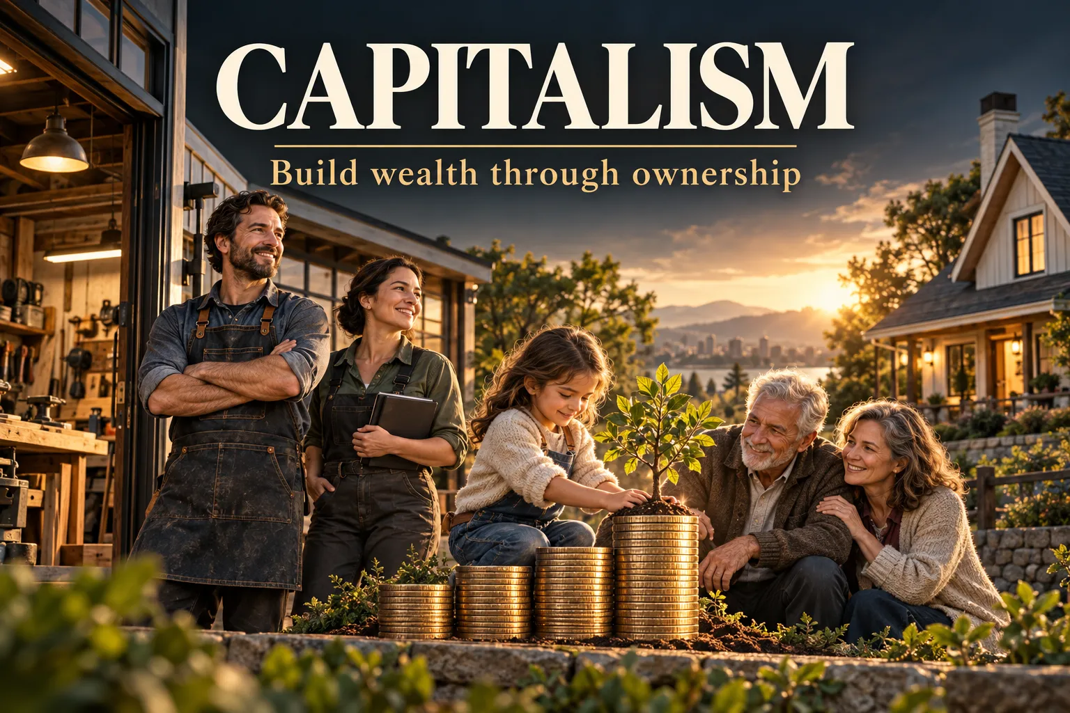 Workers and a multigenerational family beside a workshop, home, and growing tree above rising stacks of coins, beneath the words Capitalism and Build wealth through ownership.