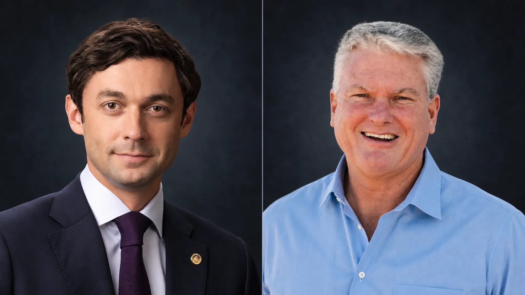 Side-by-side portraits of Jon Ossoff on the left and Mike Collins on the right.