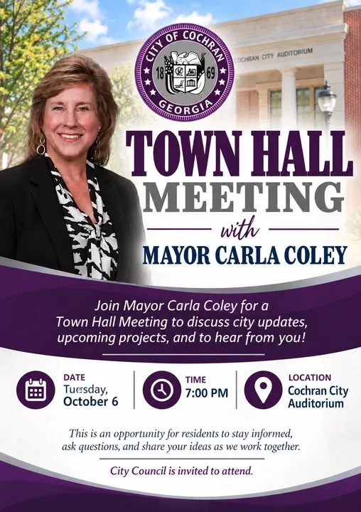 Picture of Mayor Carla Coley with meeting announcement and details.