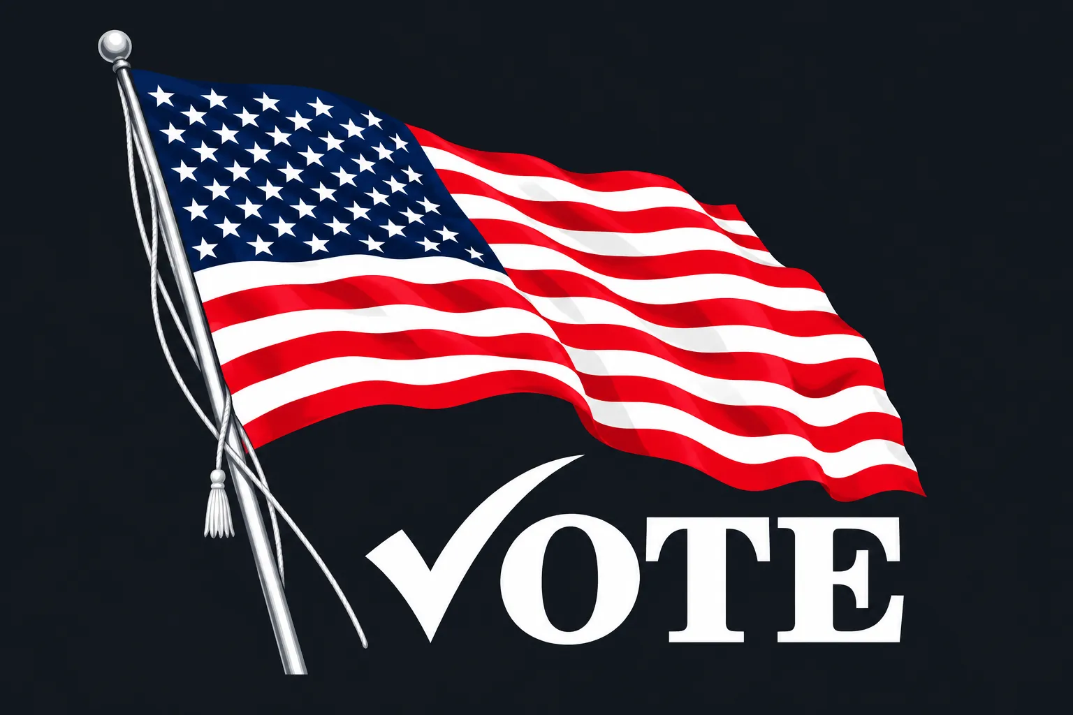 Waving American flag above VOTE, with a checkmark replacing the V