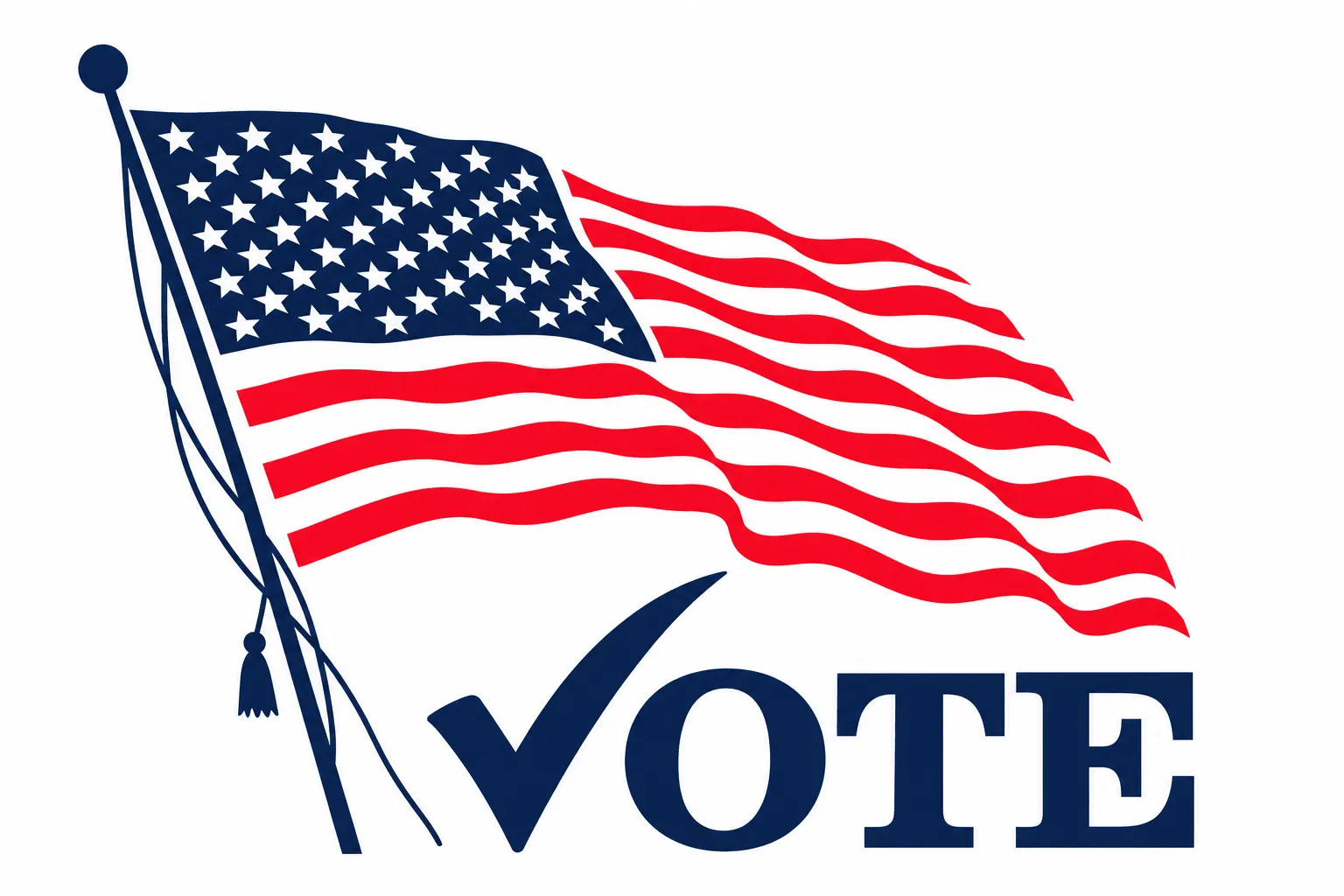 Waving American flag above VOTE, with a checkmark replacing the V