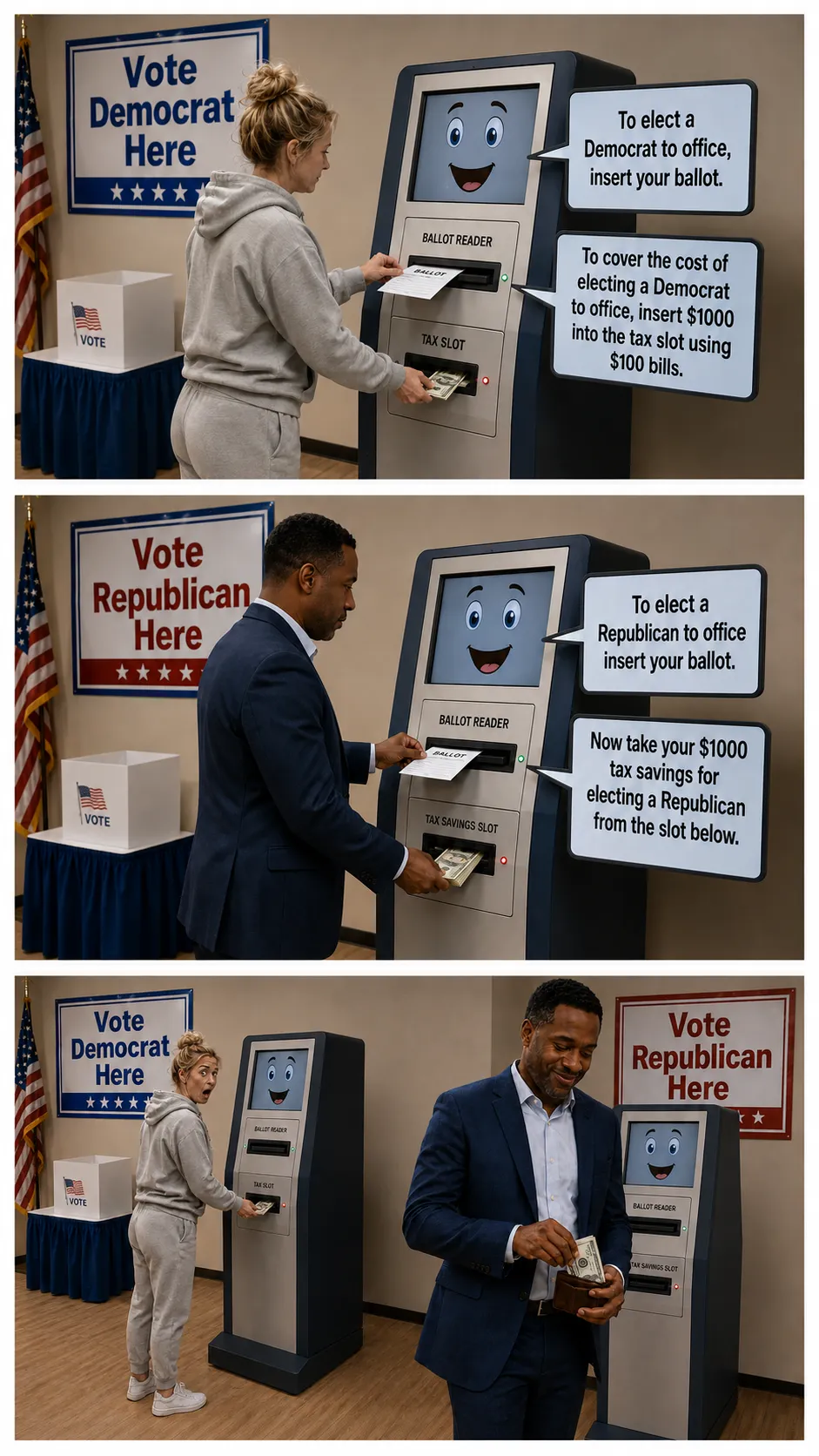 Scenes show a woman in shock as she realizes that casting her vote for Democrats costs her money. Conversely, a man is pleased when voting for Republicans saves him money.